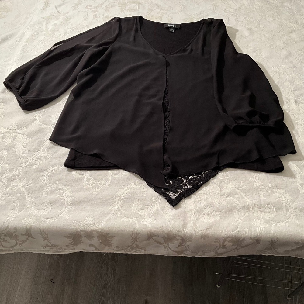 By & By Black‎ Sheer Blouse Womens Medium 3/4 Slit Sleeve Lace Detail Blouse Top